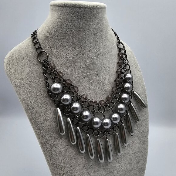 Chandelier Necklace with Blackened Metal, Faux Gray Pearls & Beads - 16" - 19" - Picture 4 of 7